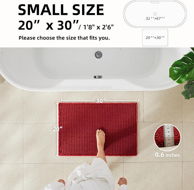 TYUU Waffle Bath Mat, Boho Bathroom Rugs Non Slip Washable Super Absorbent Quick Dry Bath Mat Farmhouse Bathroom Decor, 30"x20" Burgundy