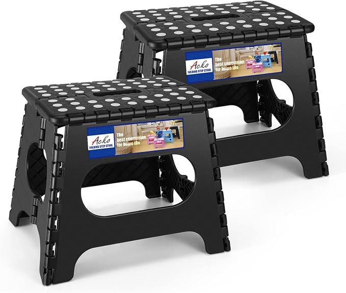 ACKO 11 inch Folding Step Stool Lightweight Plastic Step Stool - 2 Pack - Foldable Step Stools for Adults,Non Slip Folding Stools for Kitchen Bathroom Bedroom (Black, 2 Pack)