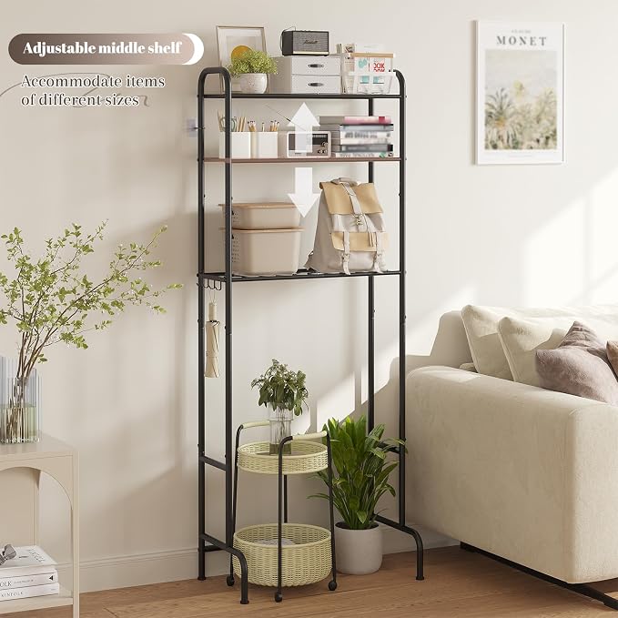 STDDRE 3-Tier Over The Toilet Storage Space Saver with Paper Holder Freestanding Rack Metal Bathroom Shelves with Hooks Above The Toilet Storage Shelf (Black, 3 Tier)