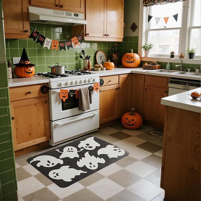 TYUU Halloween Bath Mat, Thin Halloween Bathroom Rug Non Slip Quick Dry Ghost Bath Mat Fits Under Door Thin Floor Mat Halloween Decor, 17''x30'', Ghosts Black