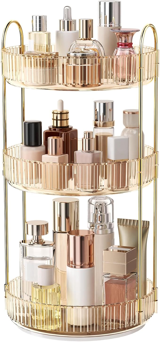 360° Rotating Makeup Organizer, Large Capacity Skincare Organizer, 3 Tier Cosmetic Skin Care Perfume Dresser Organizer, Fits Cosmetics, Perfume, Skin Care, Lipstick