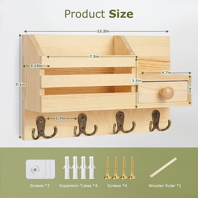 Key Holder Wall Mount, Wooden Adhesive Mail and Key Organizer with Drawer, Small Shelf, 8 Hooks, 2 Installation Methods, Natural