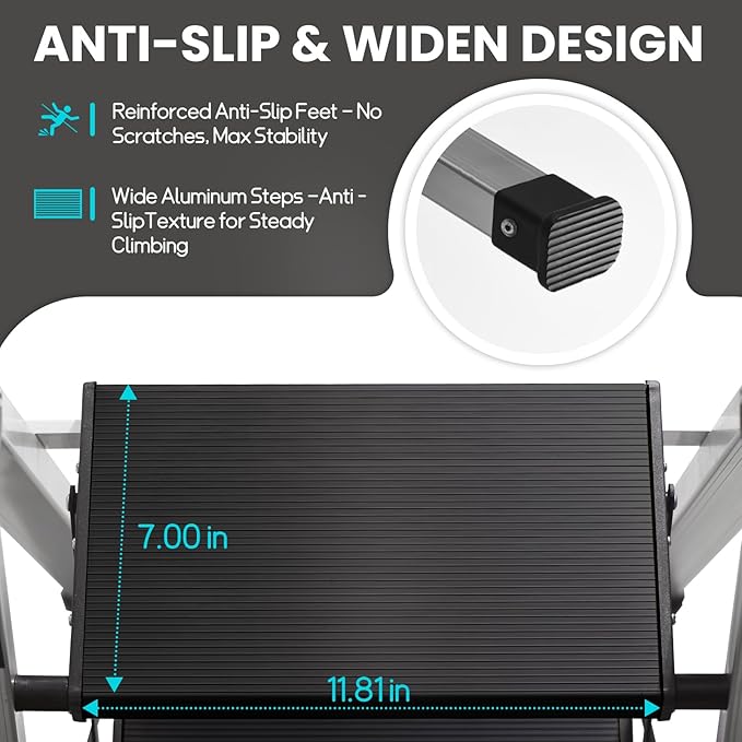 XinSunho 5 Step Ladder, Silver Aluminum Folding Stool with Retractable Handrails & Tool Tray, Anti-Slip, Sturdy Lightweight, 330lbs Safety Load for Kitchen Indoor Outdoor