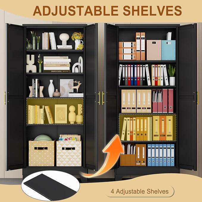 71" Black Metal Garage Storage Cabinet with 2 Doors and 4 Adjustable Shelves,Kitchen Pantry Cabinet,File Cabinet,Steel Tool Cabinet for Home,Office,Garage,School,Warehouse