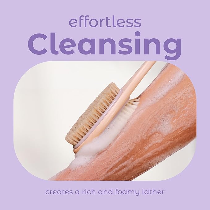 MainBasics Back Scrubber Shower Brush Long Handle Dual Sided Body Brush with Exfoliating Soft Bristles for Back Scrubbing Deep Cleaning and Body Wash (Lavender)