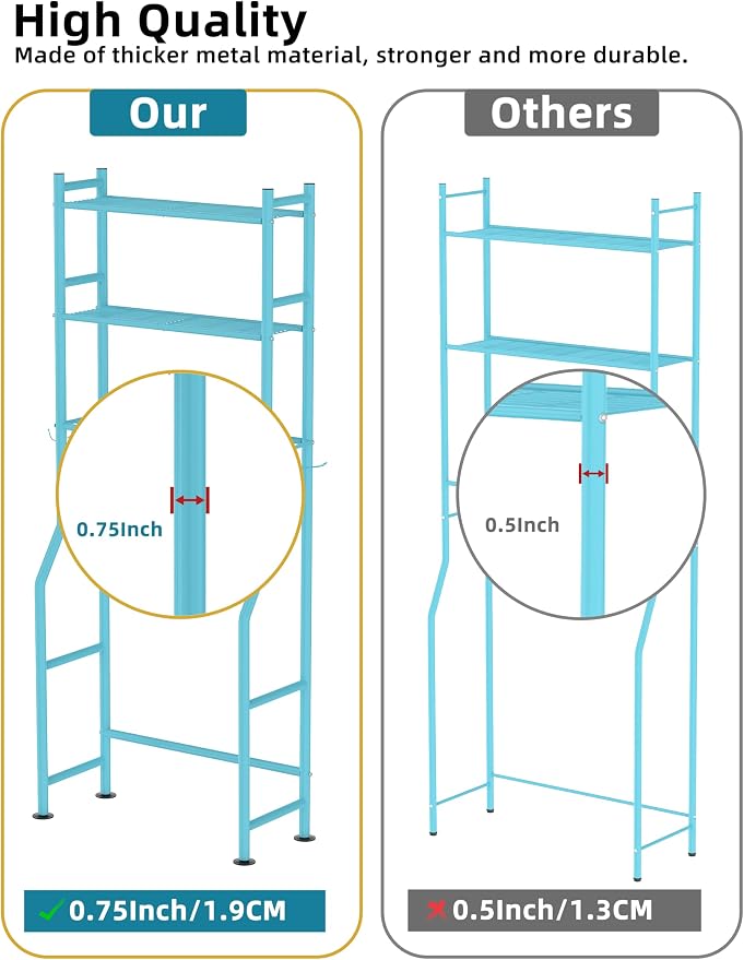 Livilord 3-Tier Over The Toilet Storage, Freestanding Metal Bathroom Shelves with 4 Hooks, Over Toilet Storage Shelf with Paper Holder, Above The Toilet Shelf for Bathroom Storage, Blue