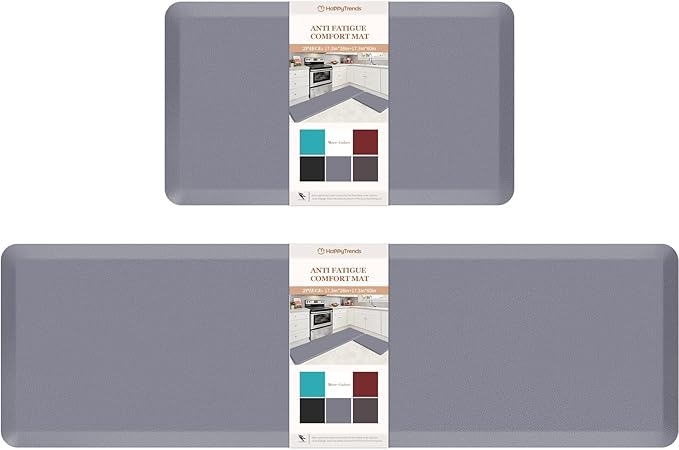 HappyTrends Kitchen Mat,17.3"x28"+17.3"x60" Grey, Cushioned Comfort Anti-Fatigue Waterproof Floor Mat Kitchen Rugs, Thick Perfect Ergonomic Foam Standing mat for Kitchen, Home, Office, Laundry