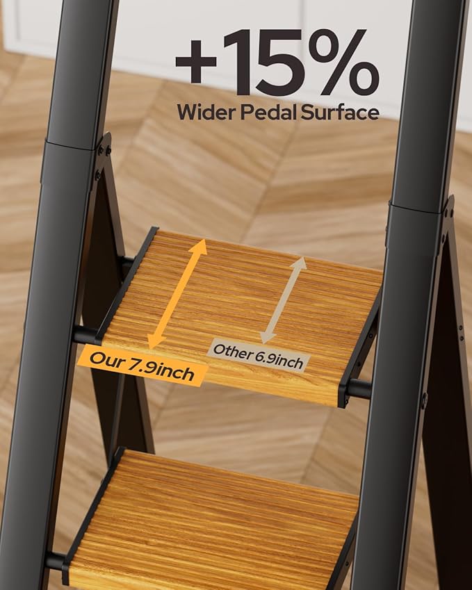 4 Step Ladder, Lightweight Aluminum Folding Step Stool with Convenient Handgrip, Stepladders with Anti-Slip and Wide Pedal for Home Use Space Saving - Black+Woodgrain