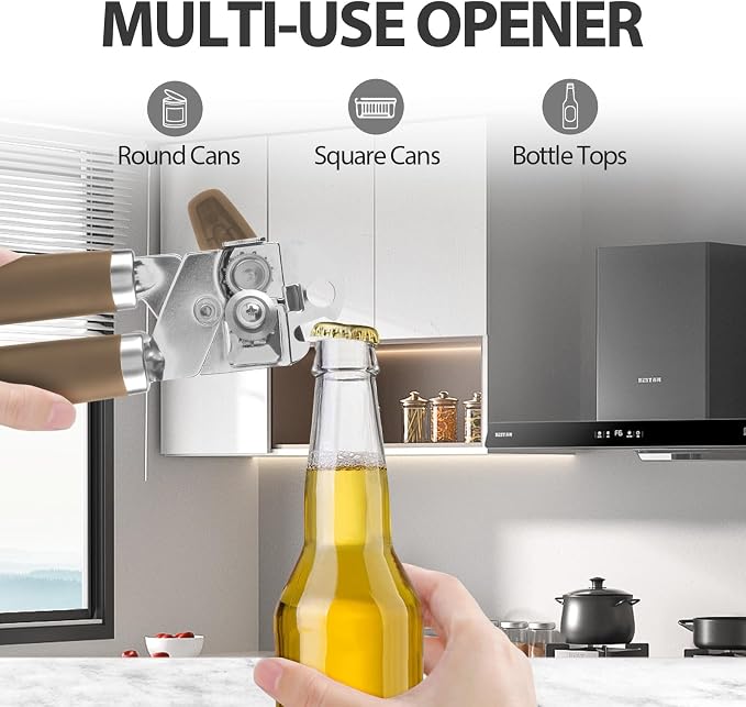 Safring Can Opener Manual, Heavy Duty Handheld Strong Can Opener with Soft Touch Handle, Sharp Blade Smooth Edge, Can Openers with Multifunctional Bottle Opener, Coffee