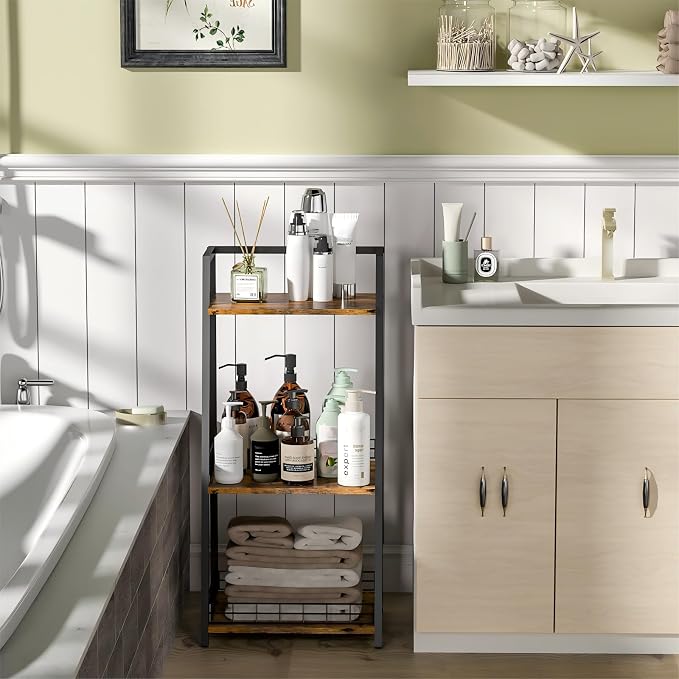3-Tier Bathroom Shelf with Fence, Retro Bathroom Organizers and Storage Stand, Wood Shelving Unit with Metal Frames, Classic Open Floor Storage Shelves for Bathroom, Laundry Room, Living Room