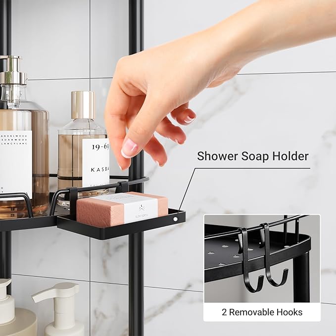 ELYKEN Corner Shower Caddy Standing, 3 Tier Rustproof Metal Shower Organizer with Soap Holder, Floor Shower Corner Shelf Rack Storage Stands with Adjustable Feet & 2 Hooks for Bathroom, Black