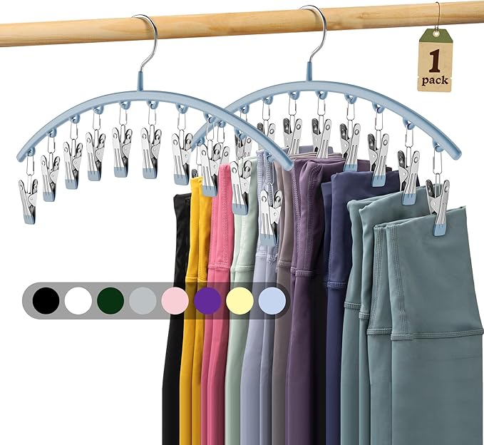 Volnamal Legging Organizer for Closet, Metal Yoga Pants Hanger w/Rubber Coated 1 Pack w/10 Clips Hold 10 Leggings, Hangers Space Saving Hanging for Closet Organizers and Storage-Blue