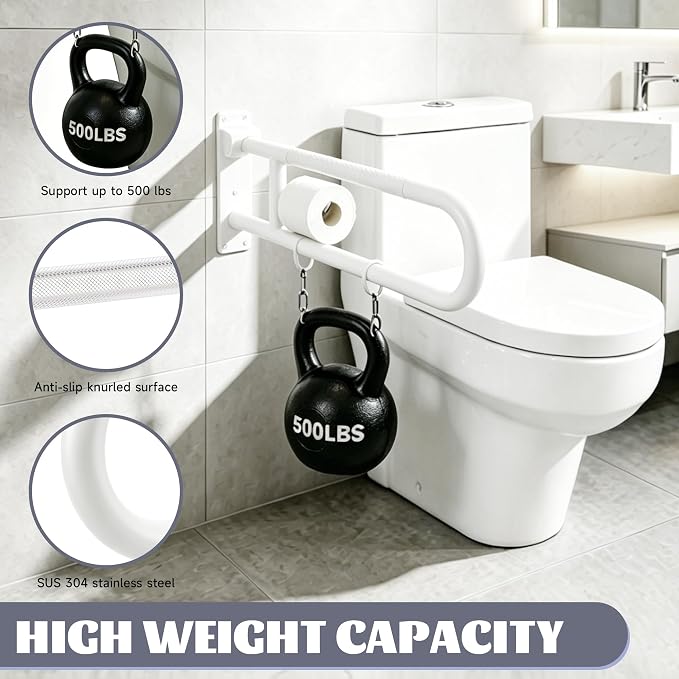 22.5 Inch Toilet Grab Bar, HUAS White Anti Slip Bathroom Toilet Safety Rails, U Shaped Flip-Up Handicap Grab Bars w/Paper Holder, Stainless Steel Support Handrail for Elderly Disabled Senior
