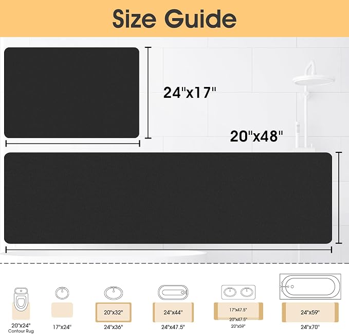 ACCUMTEK Non Slip Bath Mat, Thin Bathroom Rugs Fit Under Door, Quick Dry Bath Mats, Machine Washable Bath Rugs for Bathroom, Bathtub & Kitchen, Black/Solid/24 x17+48"x20"