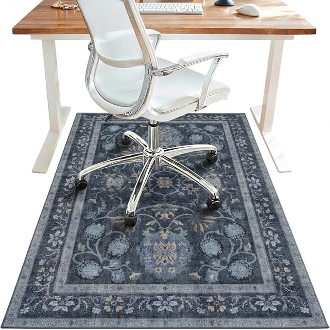 48"x72" Office Chair Mat for Hardwood Tile Floor, Under Desk Carpet Protector for Rolling Computer Chair Mat, Machine Washable Area Rug, Anti-Slip 1/5" Thick Low Pile Thin Vinyl Floor Mat, Grey Blue