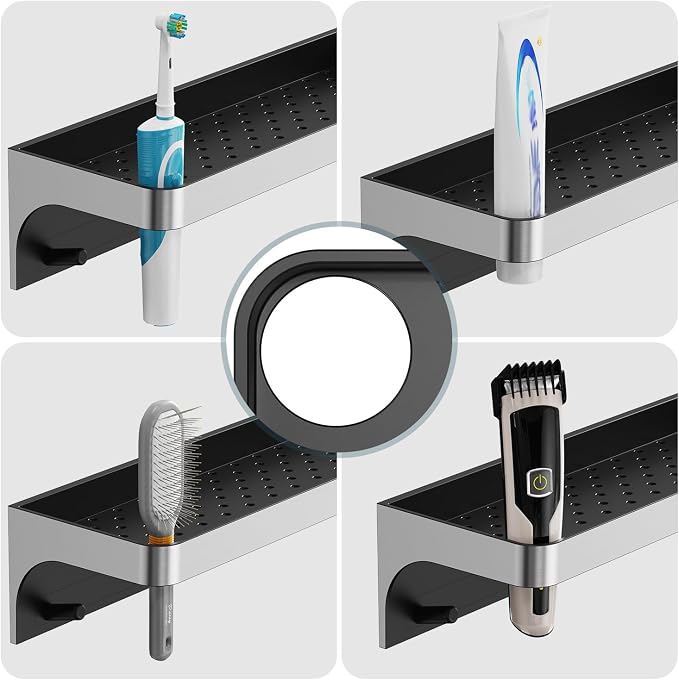 Shower Caddy Adhesive, Shower Shelve for Inside Shower, Bathroom Organizers and Storage for Accessories Holder, Rustproof Bathroom Wall Shower Rack Organize with 5 Hooks, No-drill, Silver