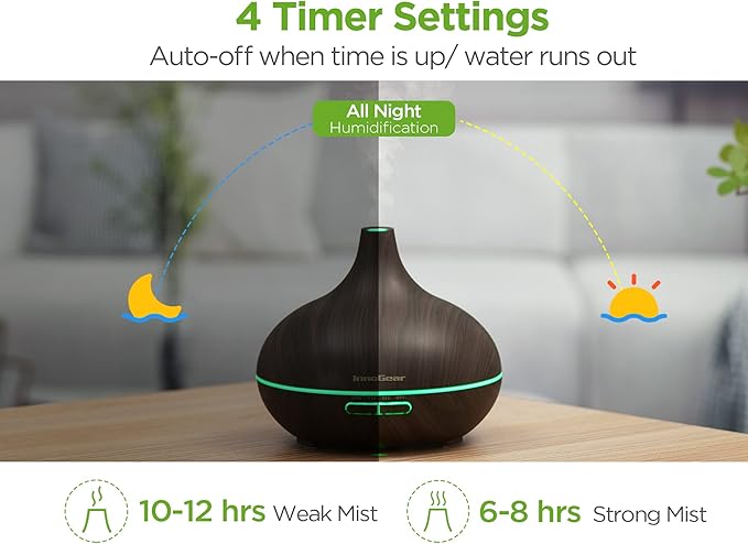 InnoGear Aromatherapy Diffuser & 10 Essential Oils Set, 400ml Diffuser Ultrasonic Diffusers for Home Cool Mist Humidifier with 4 Timers 7 Colors Light Waterless Auto Off, Dark Wood Grain