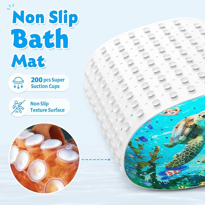 XIYUNTE Baby Bath Mat for Tub Non Slip Kids Bath Mat - 40''x16'' Extra Long Cartoon Bathtub Mat Non Slip Kids Shower Mat Eco-Friendly Toddler Bath Mats with Suction Cups, Machine Washable