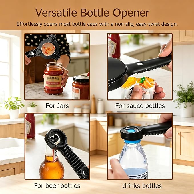 Jar Opener for Weak Hands,4 in 1 Multi-Purpose Jar Openers,Adjustable Jar Opener,Multi-Functional Bottle Openers with Non-Slip Grip for Wine Bottle,Perfect for Arthritis and Weak Hands (Black)