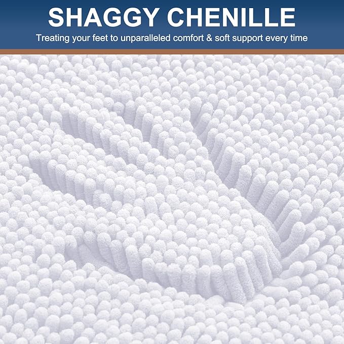 Smiry Luxury Chenille Bathroom Rugs 45x27, Extra Soft and Absorbent Shaggy Bath Mat, Machine Washable, Non-Slip Plush Carpet Runner for Tub, Shower, and Floor, Home Decor Accessories, White