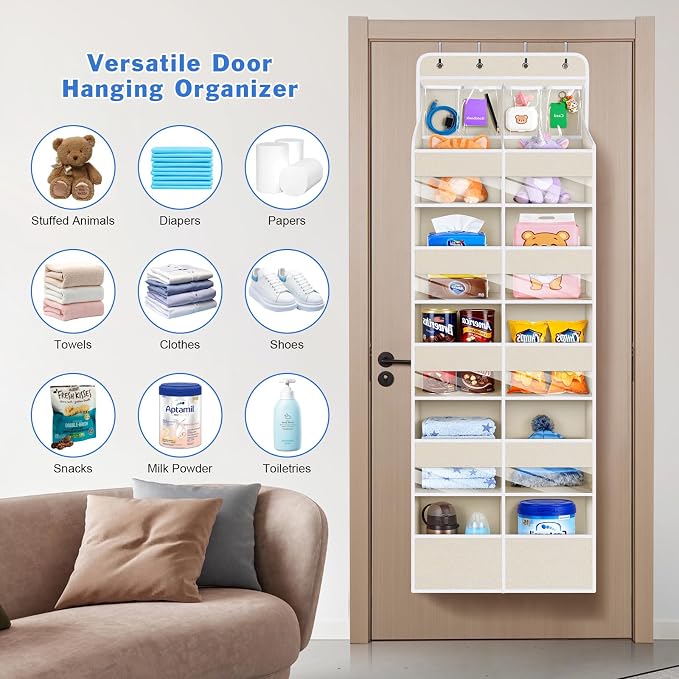 Univivi 6-Shelf Over Door Hanging Organizer Fabric Door Storage with 10 Large Pockets and 4 Small PVC Pockets Closet Cabinet Wall Mount Hanging Storage Organizers for Baby Nursery (Beige Pattern)