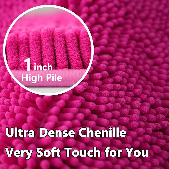 Bathroom Rugs Chenille 3-Piece Extra Soft and Absorbent Shag Bathroom Rugs, Machine Wash Mat, Strong PVC Non-Slip Underside, Plush Carpet Mats (Rose Red)