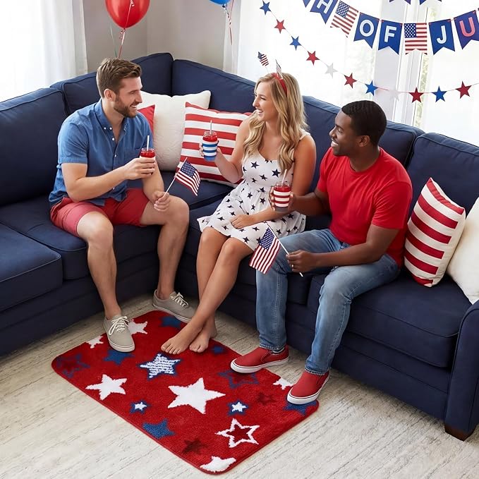 Capoda 1 Pcs Patriotic Bathroom Rug 20 x 30 Inch 4th of July Star Bath Mat Non-Slip Soft Microfiber 4th of July Shower Rug for Independence Day Home Kitchen Bathroom Entrance Decor(Star, Red Blue)