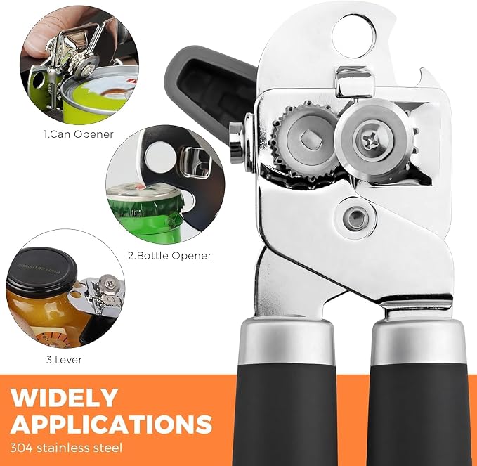 Multifunctional Stainless Steel Manual Can Opener and Bottle Opener, Heavy Duty Hand Held Can Opener with Easy Turn Knob, Sharp Blade Smooth Edge, Good Grips Kitchen Tool for Seniors (Black Silver)