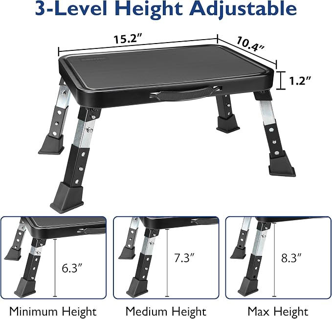 BONTEC Folding Step Stool, 3-Level Adjustable Metal Step Stool with Anti-Slip Pedal and Locking Legs, 330lbs Heavy Duty Folding Foot Stool, Portable Stepping Stool for Kids, Kitchen, Home, Office