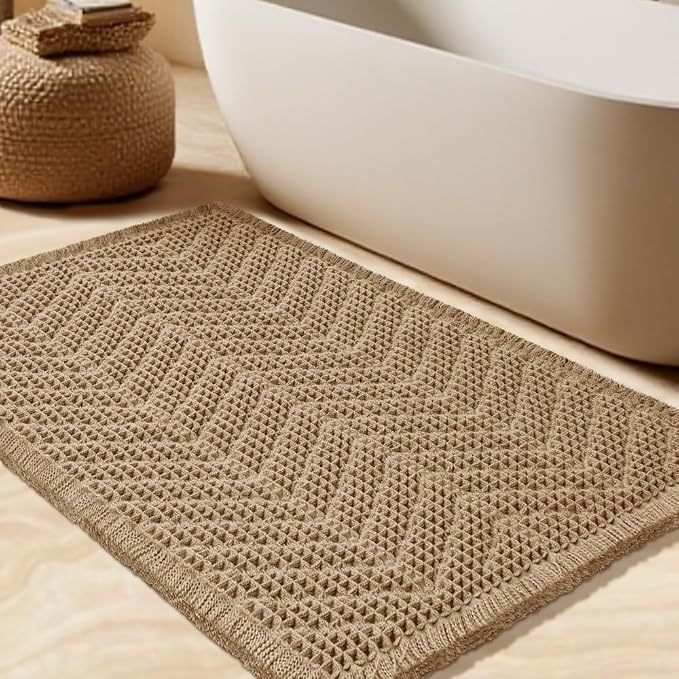 Upgrade Waffle Bath Mat,Boho Bathroom Rugs Absorbent Non Slip, Ultra Soft Bathroom Mat, Machine Washable Knit Bath Rugs with Herringbones for Bathroom, Bedroom, Kitchen, Shower, Tub, 36"x24", Beige