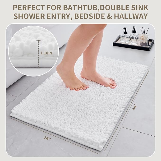 Bathroom Rugs Non Slip Washable 44x24, Extra Thick Soft Chenille Absorbent Bath Mat, High Density Barrier Non Slip Backing, Quick Dry Plush Shaggy Floor Carpet for Tub&Shower, White