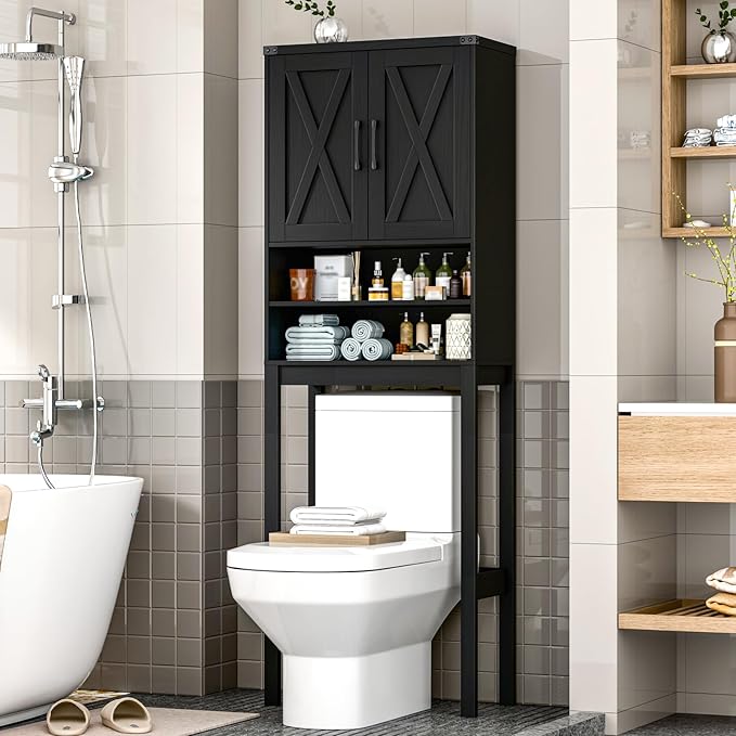 Vabches Over The Toilet Storage Cabinet, Bathroom Organizer with 2 Barn Doors, Farmhouse Space-Saving Toilet Rack with Adjustable Shelf,for Bathroom, Toilet, Laundry Room,Black