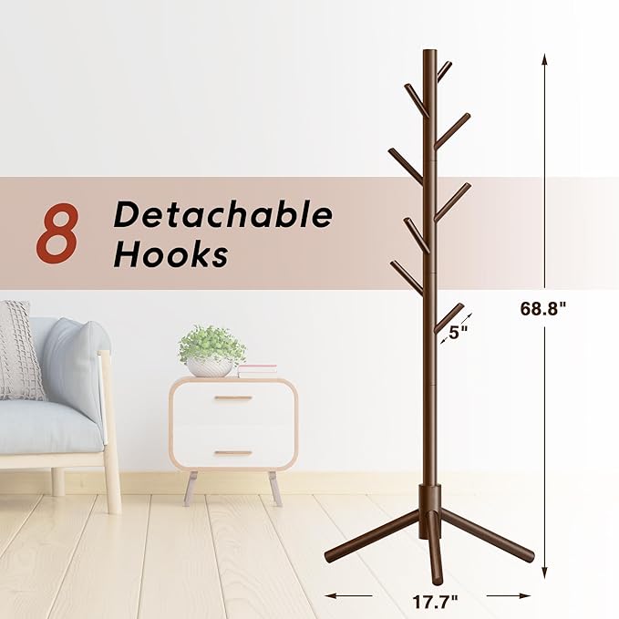 Coat Rack, Coat Racks Freestanding with 8 Hooks 3 Adjustable Heights for Clothes, Hats, Handbags, Coat Tree Easy Assembly for Entryway, Bedroom, Hallway, Office(Brown)