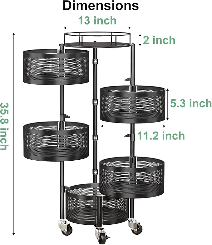 SAYZH Fruit Vegetable Basket for Kitchen, Rotating Storage Rack, 5 Tier Rolling Cart with top lid, Large Metal Wire Wheels, Black