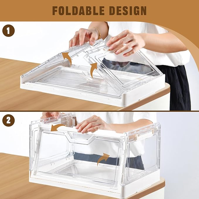 Freebat Collapsible Plastic Storage Bins with Wheels, Clear Stackable Storage Bins with Lid, Stackable Storage Bins with Open Door, Folding Storage Bins Organizer for Closet, Bedroom, Living Room