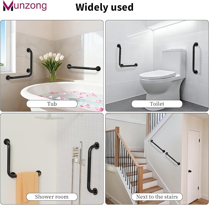 16 Inch L-Shaped Black Bathroom Grab Bars with 20 Inch Straight Munzong Toilet Handicap Grab Rail,Anti Slip Stainless Steel Knurled Safety Handle Support Elderly Injury Senior