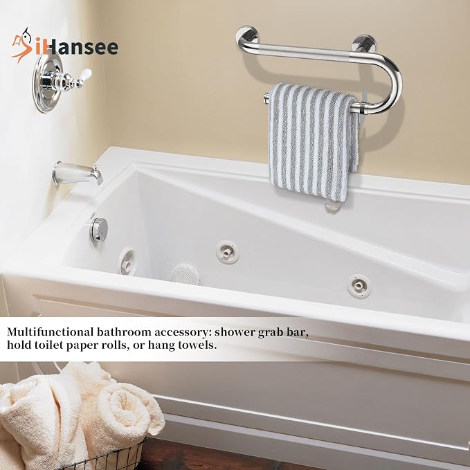 𝐔𝐩𝐠𝐫𝐚𝐝𝐞𝐝 Toilet Grab Bars 16 Inch - Toilet Paper Holder Grab Bar Stainless Steel Knurled Toilet Grab Bars for Seniors Bathtub Bathroom Rails for Elderly Safety Balance Support, Chrome