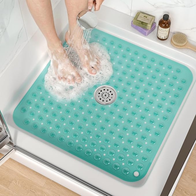 HITSLAM Shower Bathtub Mat Non Slip, 24"x 24" Bath Mat for Tub, Soft PVC Shower Mats for Inside Shower with Suction Cups and Center Drain Hole, Machine Washable Bathroom Floor Mat, Green