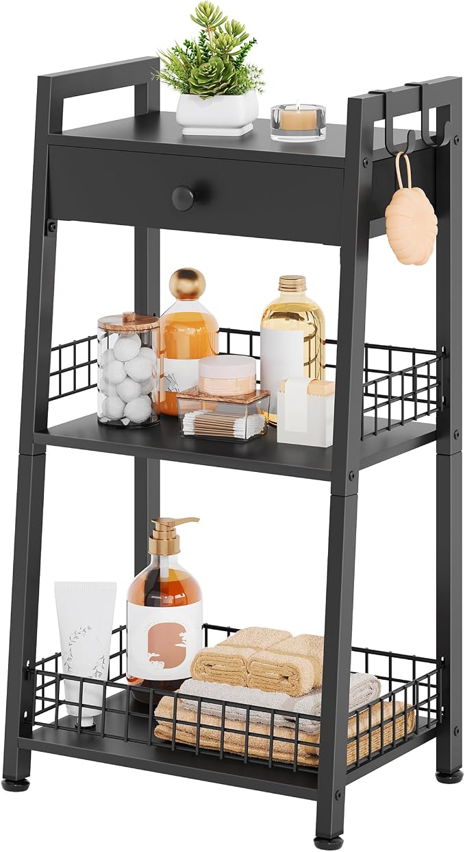 Gewudraw 3-Tier Ladder Shelf with Drawer, Bathroom Table Stand for Small Space, Standing Bathroom Shelves with Storage for Living Room Kitchen Bedroom, Organizer Shelf, Black