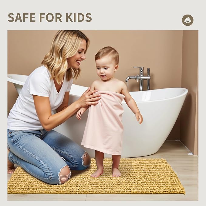 Bathroom Rugs Non Slip Washable 60x24, Extra Thick Soft Chenille Absorbent Bath Mat, High Density Barrier Non Slip Backing, Quick Dry Plush Shaggy Floor Carpet for Tub&Shower, Yellow