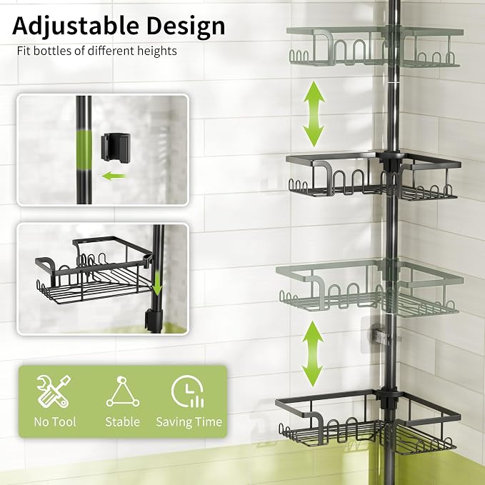 Corner Shower Caddy Tension Pole Adjustable 30.6-127.2 Inch, 4-Tier Rustproof Shower Organizer Shelf Rack, No-Drill Installation Bathroom Storage Shower Caddy Corner Pole, Black