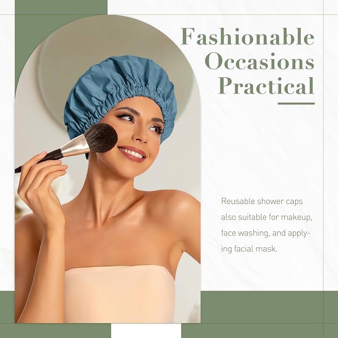 Reusable Shower Cap for Women, Large Waterproof Shower Bonnet with Elastic Band, Washable Bath Hair Cap for Long, Curly Hair, Braids, Daily Shower, Home Spa, Travel(Haze Blue)