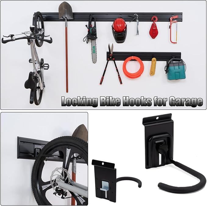 Slat Wall Accessories 28 PCS Garage Hooks Heavy Duty Slatwall Panel Hook Locking Bike Hook for Slat Wall Hooks for Hanging Ladder Storage System Black Accessory for Power Tools Organizer