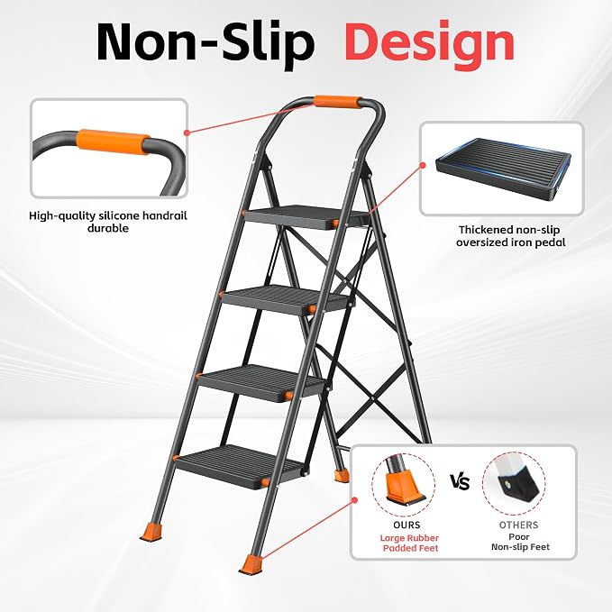 Step Ladder Foldable Folding Stool - for Home Adults Kitchen 4 Stepping Extension Tall Heavy Duty with Handrails - Closet Stepstool Stair Ladders Extendable Stepladder for Indoor House 600Lbs