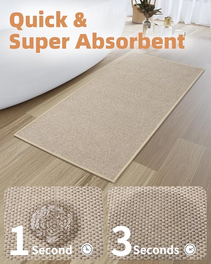 PADOOR Non-Slip Bath-Mats, Rubber-Backing Braided Absorbent Bathroom Mat Machine Washable Thin Bathroom Rugs Fit Under Door Quick Dry Bath Rugs for Floor, 24''x35'' Light Beige