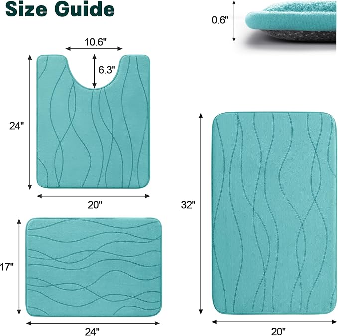 YIHOUSE Memory Foam Bathroom Rug Sets, 3 Piece, Teal | Ultra Soft, Absorbent, Non-Slip, Machine Washable