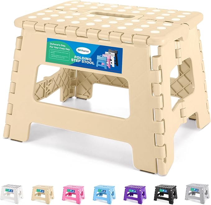 Dyforce Folding Step Stool 9 Inch, Kids Step Stool, Heavy Duty Step Stools for Adults, Compact Foot Stools, Light-Weight Toddler Step Stools for Kitchen, Bathroom, Holds Up to 300 lbs (Khaki)