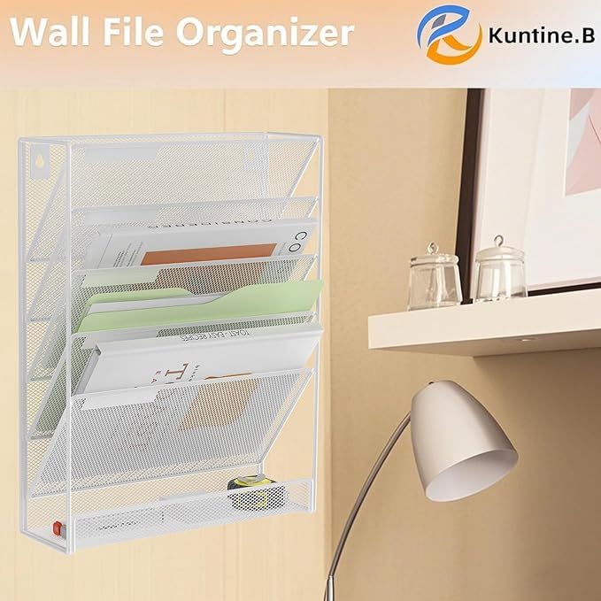Kuntine.B 6-Tier Wall File Organizer Hanging File Organizer Cubicle Organizer Wall File Holder for Office Home (White, 6 Tier)
