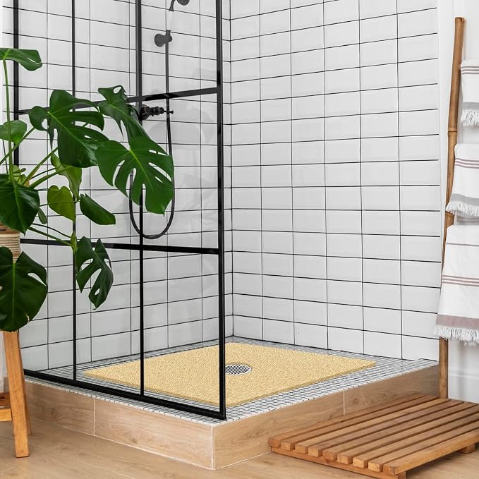 Shower Mat Non Slip,32 x 32 Inch Extra Large Square Shower Mat with Drain Hole in Middle,Soft Loofah Bath Mat Shower Stall Bathtub Mat for Inside Shower Bathroom,Without Suction Cups (Beige Yellow)