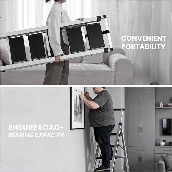 XinSunho 4 Step Ladder, Aluminum Folding Stool with Retractable Handrails & Tool Tray, Anti-Slip, Sturdy Lightweight, 330lbs Safety for Kitchen Indoor Outdoor